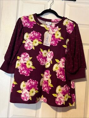 LuLaRoe Moriella Wine Floral Puff Sleeve Top with Pink & Yellow Blooms